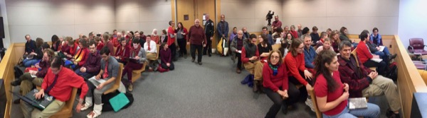 Defendants from the 2019 mass action to remove coal in Bow, New Hampshire fill the room in Concord District Court February 14th, 2020.